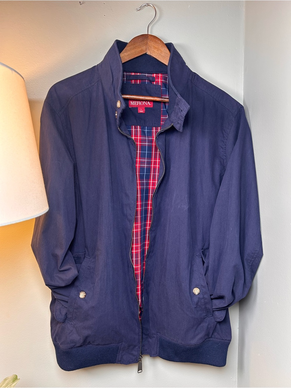 Merona Unisex Navy Harrington Barn
Jacket Plaid Lined Size Large